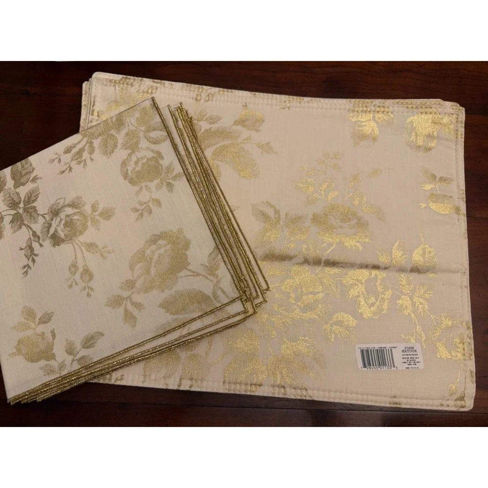 Matouk La Table d'Or Champagne Damask Placemats‎ & Napkins Set of 8 Luxury Gold